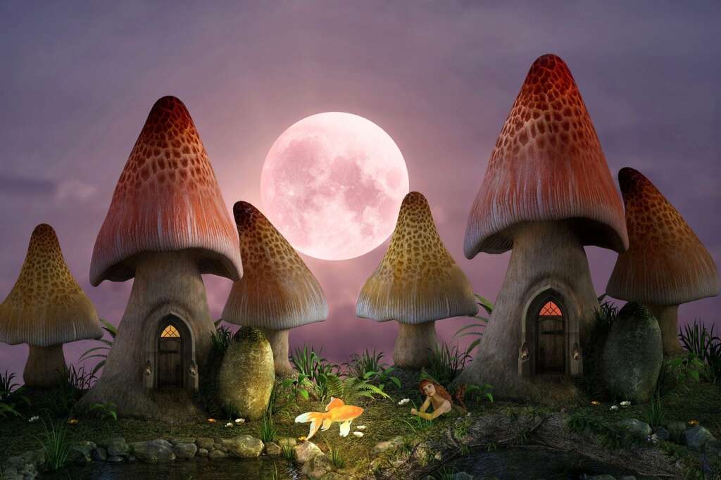 Art depicting mushroom houses under a large full moon